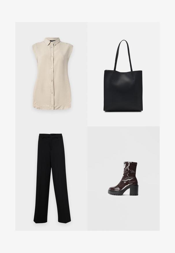 Világos bézs ujjatlan ing, gombos elülső résszel, hegyes gallérral és kerek aljjal. Puha, textúrált anyagból készült.; Fekete, széles szárú nadrág sima anyagból, klasszikus derékrésszel, gombzárral és elülső redőkkel.; Fényes bordó bokacsizma vastag fekete sarokkal, sima felülettel és egyszerű dizájnnal. Nincsenek látható zárak vagy minták.; Fekete bőrtáska sima felszínnel, téglalap alakú, két hosszú füllel. Nincs látható fémkiegészítő vagy díszítés.