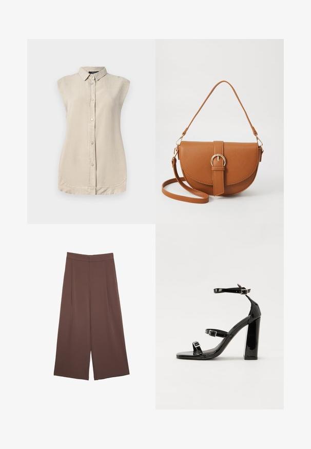 Licht beige mouwloos shirt met een knoopsluiting aan de voorkant, spitse kraag en afgeronde zoom. Gemaakt van een zachte, textuurstof.; Bruine wijde broek met een gladde textuur, voorzien van een hoge taille en plooien aan de voorkant. De stof is lichtgewicht en valt losjes.; Zwarte patent lederen sandalen met hoge hakken, twee gespenbanden, een vierkante neus en een stevige blokhak, met een gladde, glanzende textuur.; Bruine leren schoudertas met een gebogen vorm, gouden hardware en een gespaccent. Bevat een afneembare schouderriem.