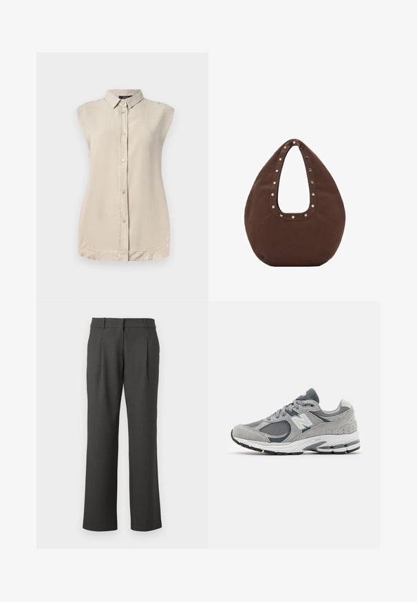 Light beige sleeveless shirt with a button-down front, pointed collar, and rounded hem. Made of a soft, textured fabric.; Dark gray formal trousers with straight legs, belt loops, and front pleats, displayed against a white background.; Gray sneaker with mesh and suede materials, featuring a white logo, padded collar, and textured rubber sole. Accents in darker gray.; Brown tote bag with a curved shape, featuring a large cutout handle adorned with silver studs along the edge. Made of soft fabric.