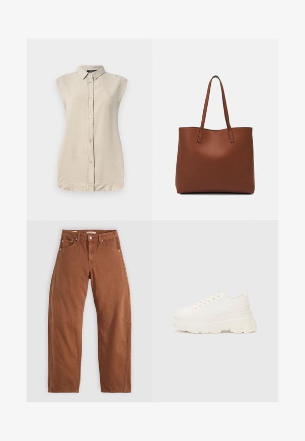 Lys beige ærmeløs skjorte med knap-åbning foran, spidse kraver og rundet kant. Fremstillet af et blødt, struktureret stof.; Rustbrune straight-leg jeans med for- og baglommer, metalnitter, knaplukning og bæltestropper, lagt fladt på en hvid baggrund.; Hvide lærreds sneakers med en kraftig sål, rund tå og fem snørehuller. Bagstrop for nem påtagning. Glat tekstur, minimalistisk design.; Brun læder tote taske med en glat overflade, åben topdesign og to skulderremme. Har minimal syning og ingen synlig hardware.
