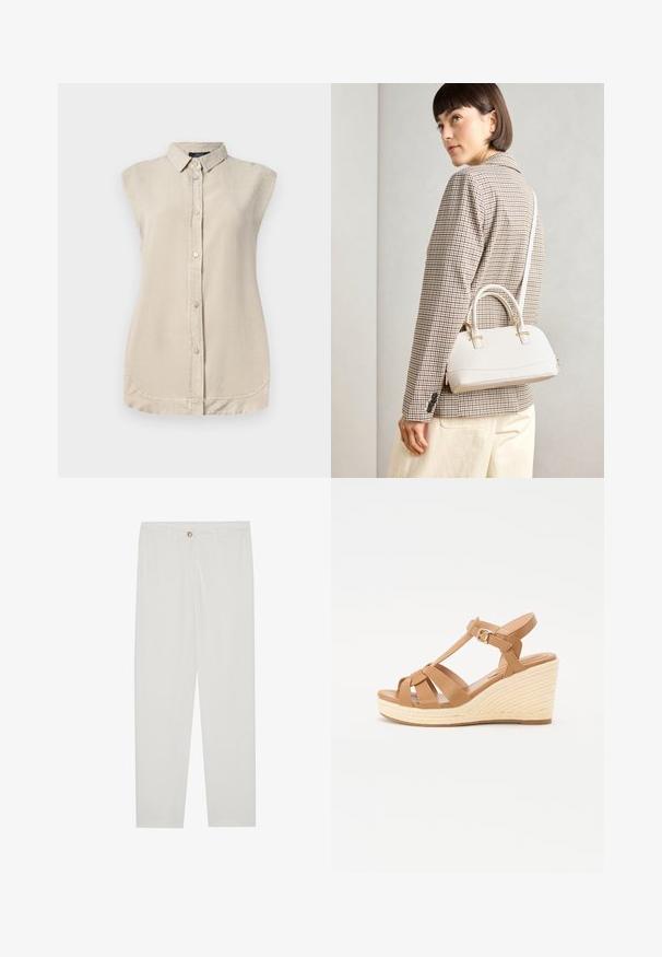 Valkoinen beige hihaton paita, jossa on napitettava etuosa, terävä kaulus ja pyöristetty helma. Valmistettu pehmeästä, teksturoidusta kankaasta.; Valkoiset, muotoon ommellut housut, joissa on suora lahjerakenne, napillinen sulkeminen, vyölenkit ja sivutaskut; sileä kangas.; Tan wedge-sandaalit, joissa on ristityyppinen malli, säädettävä nilkkabuckle ja teksturoitu kudottu espadrilles-tyylinen korko.; Valkoinen rakenteellinen käsilaukku, jossa on lyhyet kahvat ja olkahihna, varustettu kultaisilla metalliosilla ja tekstuurilla, esillä harmaata taustaa vasten.