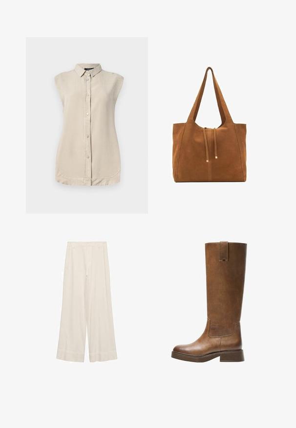 Valkoinen beige hihaton paita, jossa on napitettava etuosa, terävä kaulus ja pyöristetty helma. Valmistettu pehmeästä, teksturoidusta kankaasta.; Housut leveällä lahkeella kermanvärisestä kankaasta, joissa on sileä pinta, muotoiltu vyötärö ja puhtaat saumat. Tasainen etuosa, jossa on kaksoisommeltu helma.; Kahvipronssinen polvipituinen saapas, jossa on pyöristetty kärki, teksturoitu pinta ja matala pinoheijastin. Varressa on sivupaneeli ja vetotappi ylhäällä.; Ruskea nubuk-olkalaukku, jossa on kaksi pitkää hihnaa, naru- ja minimalinen sulkemismekanismi. Tasainen pinta ja ei näkyviä metalliosia.