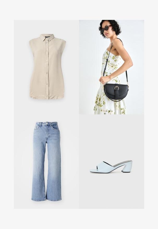 Valkoinen beige hihaton paita, jossa on napitettava etuosa, terävä kaulus ja pyöristetty helma. Valmistettu pehmeästä, teksturoidusta kankaasta.; Vaaleansiniset korkeavyötäröiset leveälahkeiset farkut, joissa on etu- ja takataskut, nappikiinnitys ja hillitty haalistuminen reisissä ja helmassa.; Vaaleansiniset avointoimiset koroketossut, joissa on geometrista muotoilua, leveä remmi jalan yli ja paksu, kulmikas korko.; Musta nahkainen käsilaukku, joka on kaareva muotoilultaan, irrotettavalla hihnalla ja kultaisilla yksityiskohdilla. Laukussa on läppä, jossa on solk yksityiskohta.