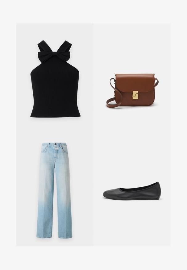 Top halter nero a coste con spalline larghe e dettaglio a fiocco sul retro, dalla silhouette aderente e texture liscia.; Jeans wide leg in denim azzurro chiaro con un effetto sfumato, dotati di un classico design a cinque tasche e chiusura con bottone in metallo.; Pantofole da balletto nere in pelle con punta arrotondata, texture liscia, dettagli di cucitura minimi e design con suola flessibile.; Borsa a tracolla in pelle marrone con chiusura a pattina, hardware color oro, tracolla e una finitura liscia. Forma rettangolare compatta.