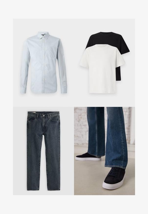 Balts zils krekls ar plānām vertikālām svītrām. Aprīkots ar apkakli, garām piedurknēm, kreisajā krūšu kabatā un pogu noformējumu.; Kokvilnas T-kreklu komplekts, kas sastāv no melna un baltā T-krekla, abi ar īsām piedurknēm, apaļu kakla izgriezumu un standarta piegriezumu. Faktūras audums.; Tumši zili džinsi ar taisnu kāju dizainu, pieci kabatas un pogu aizdare. Audums rāda vieglu izbalēšanu un faktūru.; Tumši zilas zamšādas sporta kurpes ar baltu gumijas zoli un šņorēm, apvienotas ar platām kājām džinsu biksēm vidēji zila nomazgātā tonī.