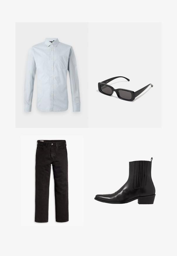 Camicia button-up in azzurro chiaro con sottili righe verticali. Dotata di colletto, maniche lunghe, taschino sul lato sinistro e dettagli con bottoni.; Jeans in denim neri a gamba dritta con cinque tasche, chiusura a bottone e passanti per cintura, adagiati su uno sfondo bianco.; Stivale alla caviglia in pelle nera con punta affusolata, pannelli laterali elasticizzati, accenti di cuciture verticali e tacco a blocco basso.; Occhiali da sole neri rettangolari con lenti scure, finitura lucida, aste larghe e design della montatura spessa. Nome del marchio inciso su un'asta.