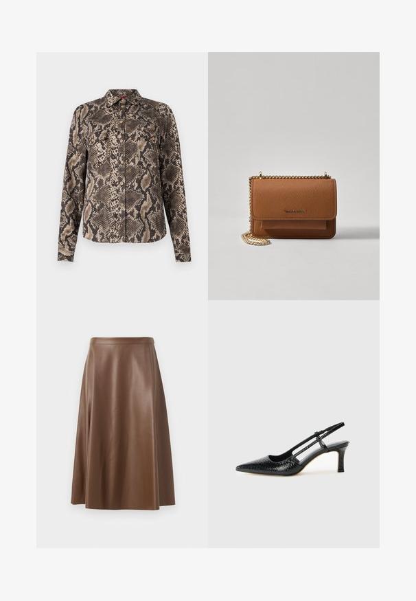 Chemise à manches longues marron et beige avec un motif en imprimé serpent, dotée d'une fermeture à boutons sur le devant et de deux poches sur la poitrine. Texture de tissu douce.; Jupe A-line en cuir marron avec une texture lisse et un ourlet mi-long. Présente une taille ajustée et une légère évasement depuis les hanches.; Escarpin slingback en vernis noir avec un bout pointu, présentant un imprimé serpent texturé, une sangle réglable et un petit talon bloc texturé.; Sac en cuir texturé marron en bandoulière avec une sangle en chaîne dorée et une fermeture à rabat. L'avant présente un détail de logo et une poche sous le rabat.