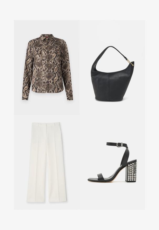 Bruine en beige langemouwen shirt met een slangenprintpatroon, voorzien van een knoopsluiting aan de voorkant en twee borstzakken. Zachte stoftextuur.; Wijd geplooide broek van licht crèmekleurige stof, met een gladde textuur, voorkeursplooien en twee zijkanten. Op maat gemaakte tailleband.; Zwarte leren haksandalen met een enkelbandje. Met een vierkante neus, een gladde textuur en een vierkante blokhak versierd met zilveren studs.; Zwarte leren handtas met een ronde vorm, een brede schouderriem en een gestructureerde afwerking. Bevat subtiele naaddetails en een gouden hardwareaccent.