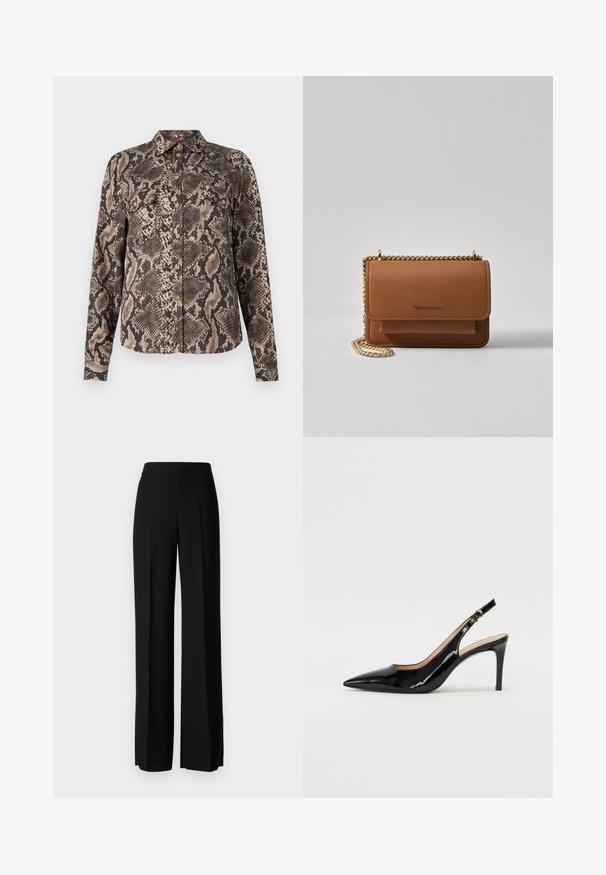 Hnědá a béžová košile s dlouhým rukávem se vzorem hadího tisku, s zapínáním na knoflíky vpředu a dvěma kapsami na hrudi. Měkký struktura tkaniny.; Černé kalhoty s širokým střihem a hladkým povrchem, s vysokým pasem a středovými skladbami. Žádné viditelné vzory ani kovové detaily.; Černé lakované slingback lodičky s špičatou špičkou, úzkým podpatkem a jemným výřezem. Obsahují zlatou sponu na řemínku.; Hnědá texturovaná kožená kabelka přes rameno se zlatým řetízkovým popruhem a klopnovým uzavíráním. Přední strana obsahuje detail loga a kapsu pod klopou.