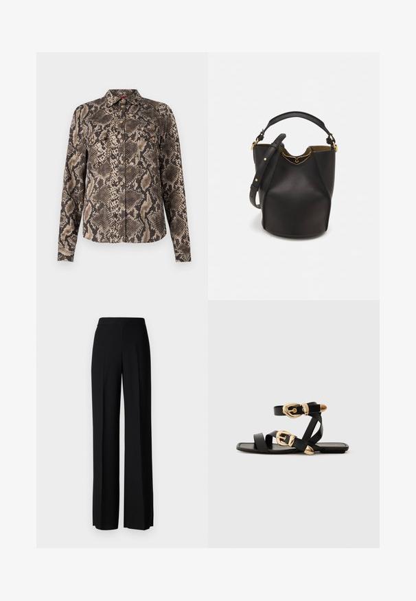 Brūnas un bežīgas garās piedurknes krekls ar čūskas raksta apdruku, ar pogu kņadu priekšpusē un divām krūšu kabatām. Mīksta auduma tekstūra.; Melni platleği bikses ar gludu tekstūru, ar augstu jostasvietu un centrālajām krokām. Nav redzamu rakstu vai aparatūras detaļu.; Melni ādas sandales ar zelta sprādzēm, ar vairākām siksnām un plakanu zoli, piemērotas valkāšanai ar atvērtu purngala.; Melnas ādas spainīša somas ar teksturētu apdari, zelta metāla aksesuāriem un atvērtu augšu. Piedāvā īsu rokturi un regulējamu plecu siksnu.