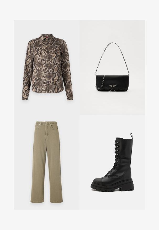 Smeđa i bež košulja dugih rukava s uzorkom zmijskog printa, s gumbima sprijeda i dva džepa na prsima. Mekana tkanina.; Maslinasto zelene široke traperice, izrađene od denima, s visokim strukom, pet džepova i suptilnim detaljima šivanja.; Crne kožne čizme s vezicama, robustnim potplatom, visokim gornjim dijelom i teksturiranom površinom, s metalnim rupicama i trakicom za povlačenje.; Crna kožna torba s srebrnim lanac strapom, s dekorativnim krilnim naglascima i bijelim šavovima duž donjeg šava.