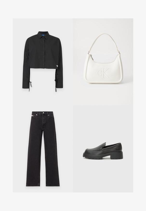 Μαύρο κοντό πουκάμισο με κούμπωμα, μακριά μανίκια, ρυθμιζόμενες λεπτομέρειες με κορδόνια στους καρπούς και λεπτή επωνυμία.; Μαύρο τζιν παντελόνι φαρδιάς γραμμής από τζιν, με ψηλή μέση, πέντε τσέπες και κούμπωμα με μεταλλικό κουμπί, καθώς και αντίθετη ραφή.; Μαύρα δερμάτινα loafers με στρογγυλή μύτη, χοντρή υφή σόλας και ελάχιστες ραφές. Κομψός σχεδιασμός χωρίς ορατά κορδόνια ή μεταλλικά στοιχεία.; Λευκή δερμάτινη τσάντα χειρός με καμπυλωτό σχήμα, διαθέτει ανάγλυφο λογότυπο "CK" μπροστά και μία ενιαία λαβή ώμου. Κλείσιμο με φερμουάρ στην κορυφή.