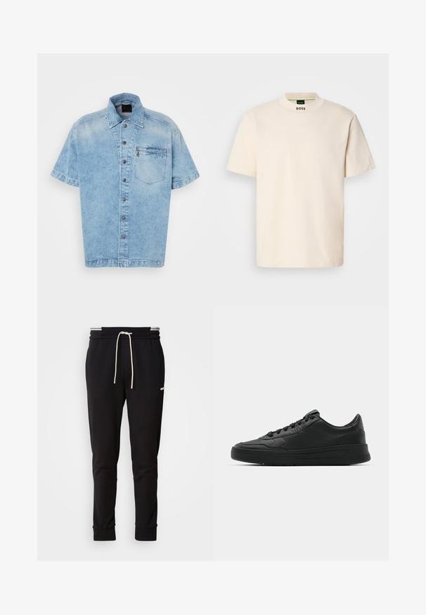 Kratke rokave jeans srajce svetlo modre barve, z gumbom na sprednji strani, ovratnikom in žepom na prsih z zadrgo. Rahlo obrabljen videz.; Kratek T-shirt v krem barvi s kratkimi rokavi in visokim ovratnikom, na sprednjem delu vratu in notranji etiketi pa je natisnjen napis "BOSS" v črni barvi.; Črne slim-fit trenirke s belim vrvico, rebrastimi manšetami in subtilnim logotipom na zgornjem stegnu na enobarvnem ozadju.; Črne superge z gladkim usnjenim zgornjim delom, okroglo konico, ravnimi vezalkami, oblazinjeno ovratnikom in minimalističnim dizajnom. Gumijast podplat z diskretnim profilom.