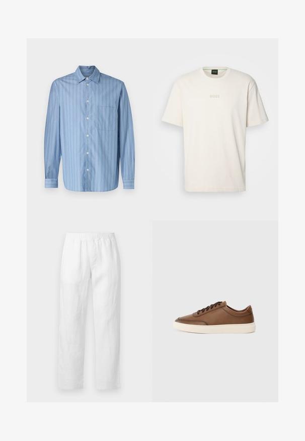 Camicia azzurro chiaro con righe verticali di larghezze variabili, dotata di colletto a punta, maniche lunghe e una tasca sul petto.; BOSS TEE - T-shirt basic - open white; Pantaloni in lino bianco con vita elasticizzata, vestibilità a gamba dritta e tessuto morbido senza motivi o dettagli hardware visibili.; Sneaker in pelle marrone con finitura liscia, design con lacci e suola in gomma di un bianco sporco in contrasto. Branding minimale sul lato.