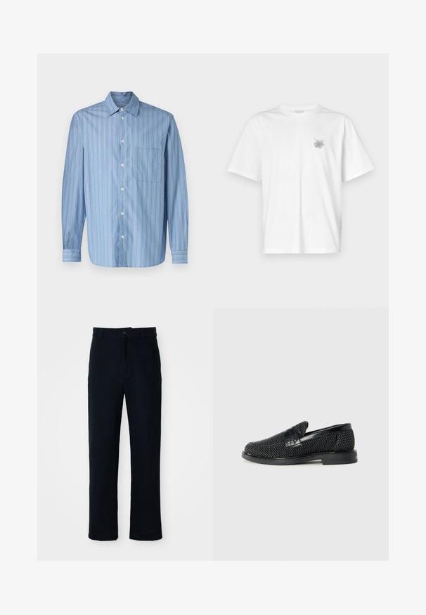 Ljusblå skjorta med knappar och vertikala ränder i varierande bredder, med spetsig krage, långa ärmar och en bröstficka.; Vit t-shirt i bomull med korta ärmar, rund hals och en liten grå logotyp på vänster bröst. Slät textur.; Mörkblå bomullsbyxor med rak bendesign, frontknappstängning och klassisk midja med bälteshällor.; Svart vävd slip-on sko med en slät läderdetalj på ovansidan, med rund tådesign och en låg gummisula.