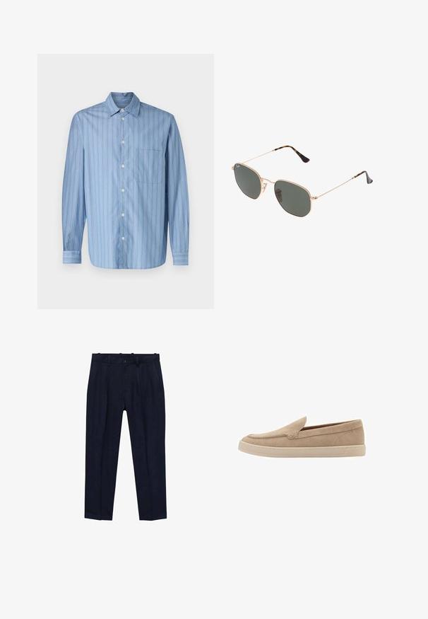 Svetlo modra srajca s gumbi, z navpičnimi črtami različnih širín, z usnjenim ovratnikom, dolgimi rokavi in enim žepom na prsih.; Modre hlače iz gladkega materiala, ki imajo rahlo krojen kroj, sprednje gube, zanke za pas in enojno zapenjanje na gumb.; Bež izsušene copate z zaobljenim prstom in šiviljskim detajlom. Svetlo obarvan gumijast podplat z nizkim profilom.; Sončna očala z zlatim kovinskim okvirjem in temno zelenimi lečami, aviatorskega sloga, z vitekimi ročaji in želvovim vzorcem na konicah.