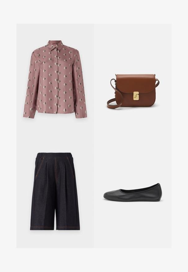 Button-up shirt in soft pink fabric featuring a geometric pattern of diamonds and triangles in muted gray and black. Long sleeves, classic collar.; Dark gray shorts made from soft fabric, featuring pleats and orange stitching accents. Elastic waistband for comfort, knee-length design.; Black leather ballet flat with a rounded toe, smooth texture, minimal stitching detail, and a flexible sole design.; Brown leather handbag with a flap closure, gold-tone hardware, a shoulder strap, and a smooth texture. Compact rectangular shape.