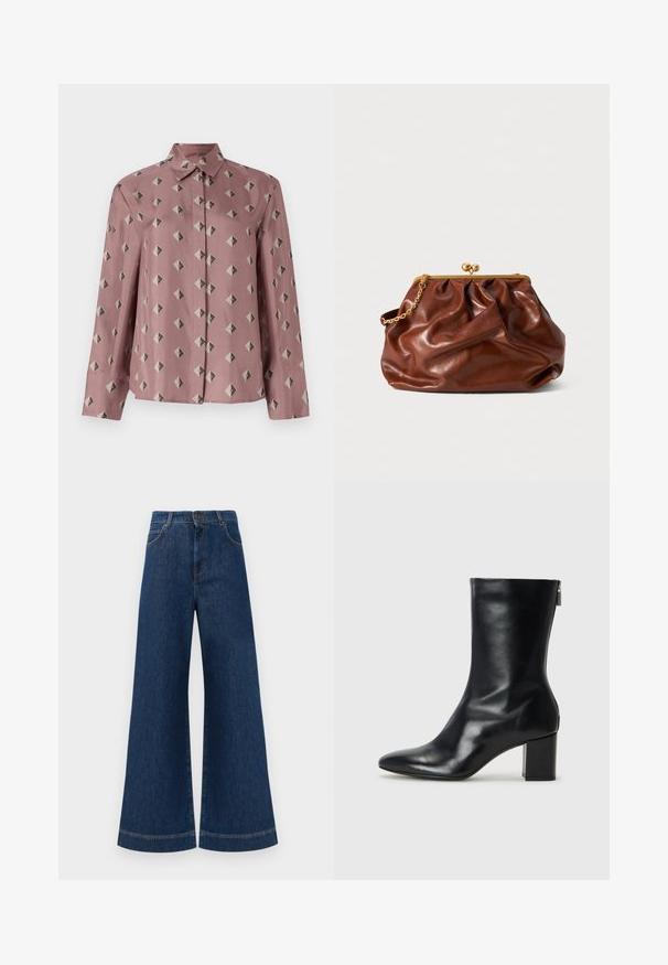 Camicia a bottoni in morbido tessuto rosa con un motivo geometrico di diamanti e triangoli in grigio e nero attenuato. Maniche lunghe, colletto classico.; Jeans in denim blu a gamba larga con vita alta, dotati di chiusura a bottone, passanti per cintura e dettagli di cucitura sottili lungo le tasche e i orli.; Stivale alla caviglia in pelle nera con punta affusolata e tacco a blocco di 4 cm. Design elegante con cerniera laterale per una facile calzata. Tessuto liscio.; Borsa a mano in pelle marrone con chiusura dorata e manico a catena corto dorato, caratterizzata da una morbida texture arricciata su sfondo bianco.