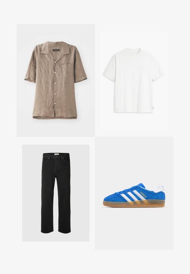 Rövid ujjú, világosbarna vászon ing, gallérral, első zsebből és gombos záródással. Puha tapintású, természetes szövésmintával.; Fehér pamut póló rövid ujjakkal, kerek nyakkal és diszkrét Levi's logóval a középen. Puha tapintású és szabványos szabású.; Fekete farmer egyenes szárú jezák klasszikus öt zsebes dizájnnal, gombos záródással, minimális varrással és puha tapintással rendelkezik.; Kék velúrbőr sneaker fehér csíkokkal és "Gazelle" felirattal. Gumi talppal és textúrázott díszítéssel a felső részen. Klasszikus dizájn.