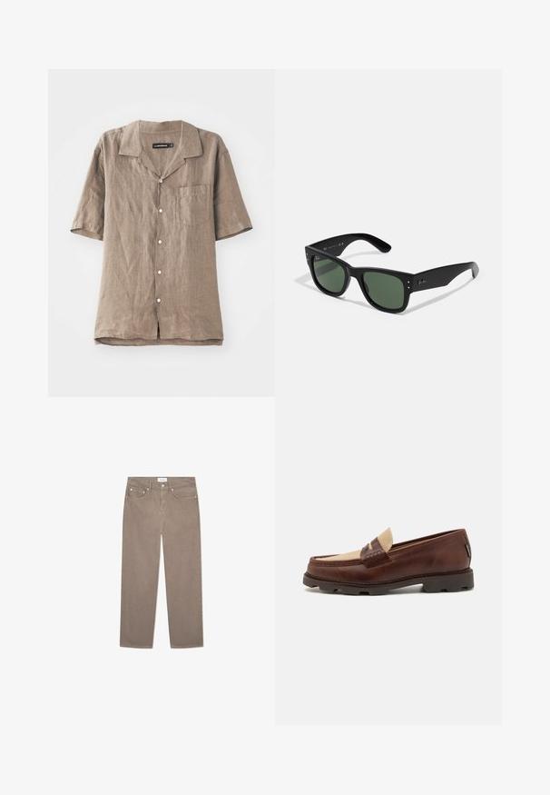 Koszula lniana z krótkim rękawem w jasnobrązowym kolorze, z kołnierzykiem, kieszonką z przodu i zapięciem na guziki. Miękka tekstura z naturalnym wzorem splotu.; Biały bawełniany top na ramiączkach z okrągłym dekoltem, szerokimi ramiączkami i prostym dołem, charakteryzujący się gładką teksturą i brakiem widocznych wzorów.; Brązowe dżinsy o prostym kroju z pięcioma kieszeniami, metalowymi dodatkami i gładką fakturą. Tkanina ma subtelny, jednolity wzór.; Brązowe skórzane mokasyny z taupe'owym akcentem z płótna, przeszyciami i teksturowaną gumową podeszwą zaprojektowaną dla komfortu i trwałości.; Czarne prostokątne okulary przeciwsłoneczne z zielonymi soczewkami, matowe wykończenie, subtelne akcenty metalowe i wytłoczone logo na zauszniku.