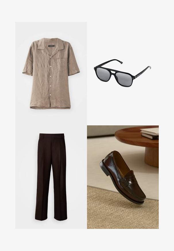 Koszula lniana z krótkim rękawem w jasnobrązowym kolorze, z kołnierzykiem, kieszonką z przodu i zapięciem na guziki. Miękka tekstura z naturalnym wzorem splotu.; Brązowe spodnie o prostym kroju, z przodu plisą, gładką fakturą i klasycznym paskiem w talii. Idealne na formalne okazje.; Brązowe skórzane mokasyny o błyszczącym wykończeniu, z przeszyciem z przodu i niskoprofilową czarną gumową podeszwą.; Czarne okulary przeciwsłoneczne z prostokątnymi oprawkami, szarymi soczewkami i wycięciem w mostku. Gładki, błyszczący materiał plastikowy, z wąskimi zausznikami.