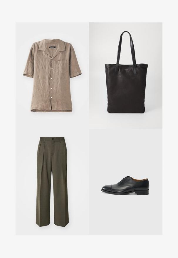 Camisa de linho de mangas curtas em castanho claro com colarinho, bolso frontal e fecho de botão na frente. Textura suave com um padrão de trama natural.; Filippa K WIDE TROUSERS - Calças - driftwood; Sapato de pele preto com acabamento suave, bico redondeado, cinco ilhó para atacadores e salto baixo em bloco. Design minimalista com costura subtil.; Saco de lona preto com alças de couro pretas. Design simples, corpo espaçoso e textura suave. Sem logótipos ou padrões visíveis.