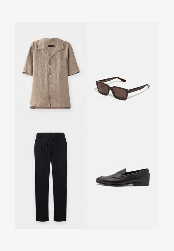 Camisa de lino de manga corta en marrón claro con cuello, bolsillo frontal y cierre de botones. Textura suave con un patrón de tejido natural.; Pantalones negros de tela suave, con cintura ajustable mediante cordón, piernas rectas y pliegues en la parte frontal para un look estructurado.; Mocasín negro de cuero para hombres con un tacón bajo y un diseño clásico de cinta para monedas, mostrado en perfil lateral sobre un fondo blanco.; Gafas de sol Gucci con montura cuadrada de plástico de carey y lentes marrones. Presenta un sutil logo en las varillas.