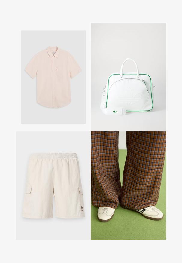 Camisa de botão de manga curta, rosa clara, com colarinho, bolso no lado esquerdo do peito e barra arredondada. Feita de um tecido suave com textura mínima.; Calções cargo bege com cintura elástica, dois bolsos laterais e um pequeno logótipo no canto inferior direito. Tecido suave e leve.; Calças largas em padrão xadrez castanho e azul, combinadas com sapatos brancos com detalhes pretos e solas texturizadas, contra um fundo verde.; Bolsa de couro branca com detalhes em verde, apresentando um logotipo em relevo proeminente, duas alças, uma alça destacável e um bolso frontal com fecho éclair.