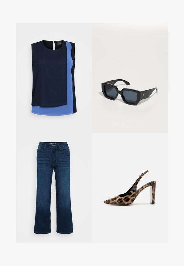 Bežė rankovių viršus su sluoksniuota struktūra, pagamintas iš tamsiai mėlyno ir šviesiai mėlyno audinio. Lygus paviršius, apykaklė su apvalia forma ir raktelio skylutė nugaroje.; ONLY Petite ONLMADISON BLUSH WIDE - Platėjantys džinsai - dark blue denim; Leopardų rašto slingback aukštakulniai su smailiu priekiu ir skaidriu blokuotu kulnu. Pagaminti iš blizgaus medžiagos su glotnia tekstūra.; Juodos didelės saulės akinių su geometriniu raštu, stačiakampiais objektyvais ir blizgiu paviršiumi. Nėra matomo prekės ženklo priekyje.; Sidabrinės auskarų žiedai su juostos dizainu, turintys lygų paviršių ir Poliruotą tekstūrą. Kompaktiško, minimalistinio stiliaus, tinkantys įvairioms progoms.