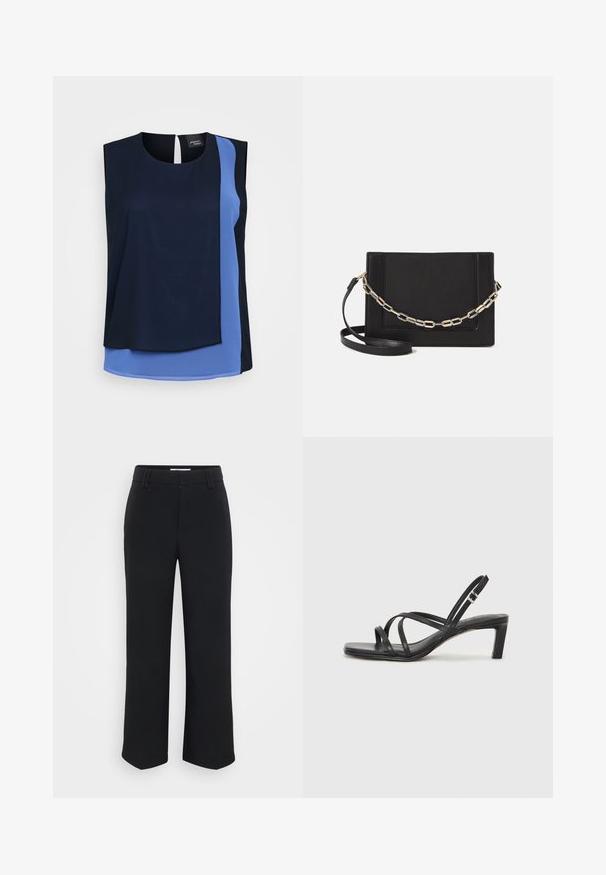 Bežė rankovių viršus su sluoksniuota struktūra, pagamintas iš tamsiai mėlyno ir šviesiai mėlyno audinio. Lygus paviršius, apykaklė su apvalia forma ir raktelio skylutė nugaroje.; Juodi plačių kojų kelnių dizainas su lygiu paviršiumi, plokščiu juosmeniu ir šoniniais kišenėmis, sukurtas minimalistinės estetikos.; Juodi šlepetės su kvadratiniu pirštu ir žemu bloku kulnu. Yra keli ploni dirželiai ir reguliuojamas kulkšnies diržas. Pagaminti iš lygios odos.; Juodas odinis per petį nešiojamas krepšys turi lygų paviršių, stačiakampio formą ir metalinę grandinėlę priekyje. Pridedama reguliuojama dirželis.