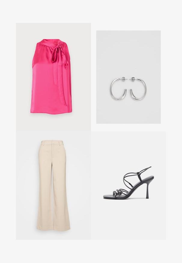 Ružičasta satenasta bluzica bez rukava s okruglim izrezom i mašnom sprijeda, s glatkom teksturom i fluidnim dizajnom.; Bež hlače širokih nogavica s glatkom teksturom, koja imaju visoki struk i dva prednja džepa. Čist dizajn s prilagođenim krojem.; Crne sandale na visokoj potpetici imaju tanke trake s čvorastim dizajnom, glatki kvadratni vrh i elegantnu stiletto petu.; Srebrne naušnice u obliku obruča sa glatkom, sjajnom površinom, zakrivljenog oblika i zatvaranjem na čep. Minimalistički dizajn s modernim završetkom.