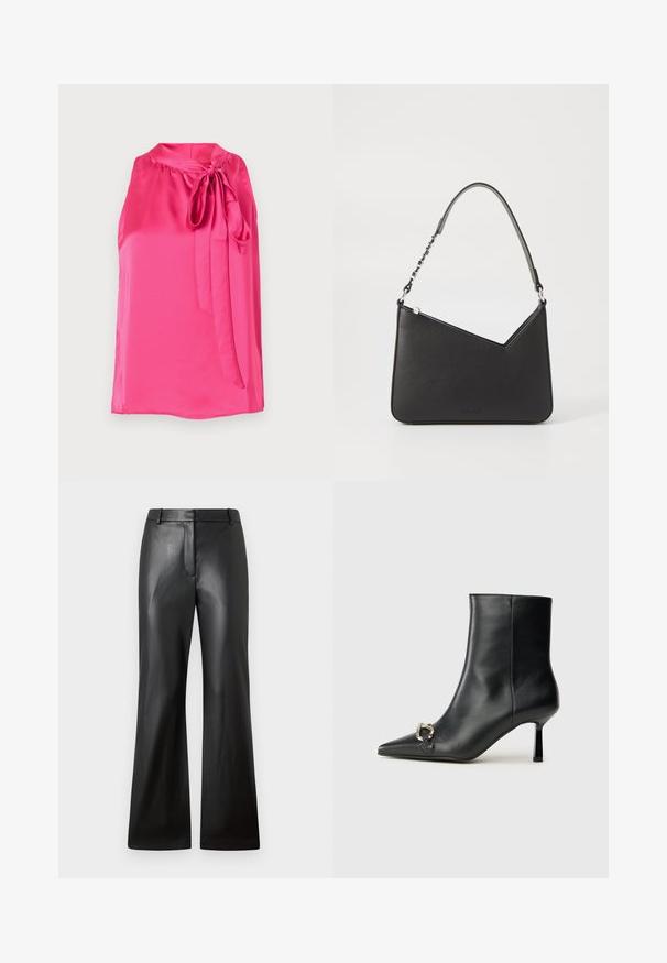 Rosa stattinärmellose Bluse mit rundem Ausschnitt und einer gebundenen Schleifenverzierung an der Vorderseite, die eine glatte Textur und ein fließendes Design aufweist.; Schwarze Lederhosen mit glatter Textur, weit geschnittenem Design und mid-rise Bund mit Gürtelschlaufen und Fronttaschen.; Schwarze Leder-Stiefelette mit spitzer Zehe, schlankem, mittelhohem Absatz und silberner Schnalle seitlich vor einem schlichten Hintergrund.; Schwarze Lederhandtasche in dreieckiger Form, mit schmalem Tragegurt und silbernem Zubehör. Sie verfügt über einen Reißverschluss und ein geprägtes Logo auf der Vorderseite.
