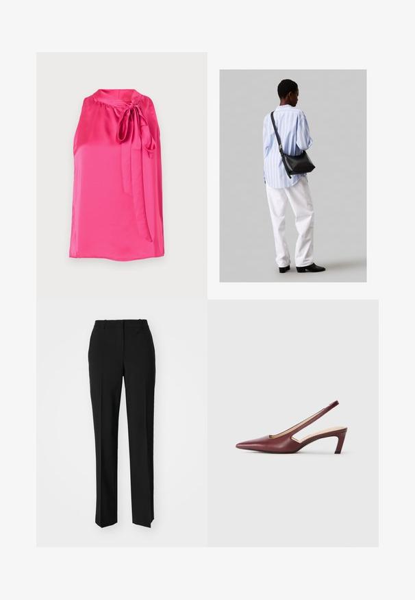 Rózsaszín selyem ujja nélküli blúz kerek nyakkivágással és elöl megkötött masnival, sima textúrával és lágy vonalvezetéssel.; Fekete, testhezálló nadrág egyenes szárú kivitelben, sima textúrával és éles redőkkel az elején. Nincs látható fémalkatrész.; Burgundy színű, hegyes orrú, oldalán kivágott részletekkel rendelkező slingback sarkú cipők, közepes magasságú tömbsarkúval. Sima bőrfelület.; Fekete bőr válltáska puha tapintással, háromszög alakú, állítható pánttal, világoskék csíkos inggel és fehér nadrággal párosítva.