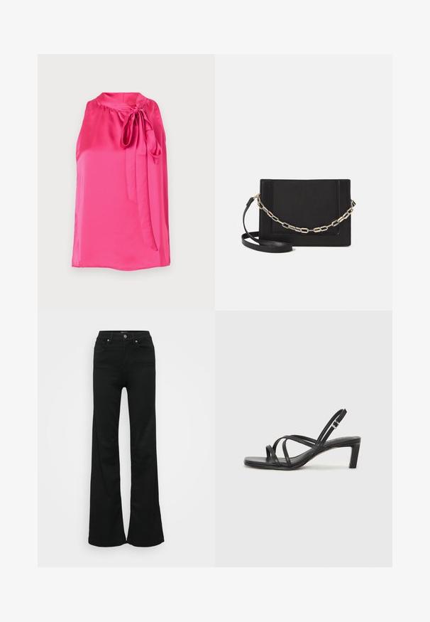 Pink satin sleeveless blouse with a round neckline and a tied bow accent at the front, featuring a smooth texture and flowing design.; Black flared jeans made from denim, featuring a high waist, five pockets, and metal button closure. Smooth texture with minimal detailing.; Black strappy sandal with a square toe and a low block heel. Features multiple thin straps and an adjustable ankle strap. Made of smooth leather.; Black leather crossbody bag featuring a smooth texture, rectangular shape, and a metallic chain detail on the front. Adjustable strap included.