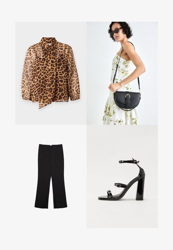 Blusa trasparente a maniche lunghe in stampa leopardata con dettaglio al collo a fiocco. Caratterizzata da una vestibilità ampia e un tessuto morbido e leggero in tonalità beige e marrone.; Pantaloni neri a gamba dritta, con tasche frontali e spacchi laterali all'orlo. Realizzati in tessuto morbido e liscio. Adatti a diverse occasioni.; Sandali con tacco in vernice nera, con punta squadrata, cinturini alla caviglia e fibbie in argento. Presentano un tacco a blocco spesso per maggiore stabilità.; Borsa a tracolla nera in pelle con una forma curva, manico rimovibile e accessori dorati. La borsa presenta una patta con un dettaglio a fibbia.