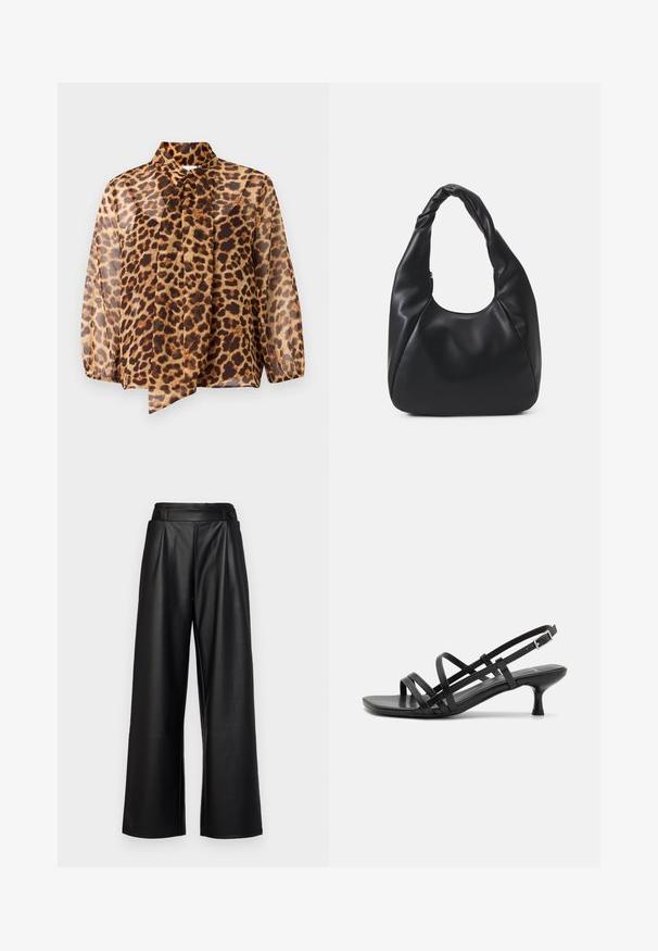 Caurlota, ilgi piedurkņu blūze leopardu rakstā ar saistāmo apkakli. Ir brīva piegriezuma un mīksta, viegla auduma, kas izgatavots smilšu un brūnu toņu kombinācijā.; Melni, plata kāju bikses, izgatavotas no ādas, ar augstu jostu, krokām un divām apaļām pogām priekšpusē, lai aizvērtu.; Melni papēžu sandales ar vairākiem krustveida siksnām. Gluda materiāla, norādīta purngala un šaura papēža. Regulējama potītes siksna ar sprādzīti.; Melnā hobo soma, kas izgatavota no gludas ādas līdzīga materiāla, ar savītu rokturi, ar mīkstu, noapaļotu formu un augšējo rāvējslēdzēju.; Zelta auskari ar gludu, spīdīgu apdari. Apaļš dizains, kas ietver mazu tapu un caurspīdīgu pamatni drošai valkāšanai.