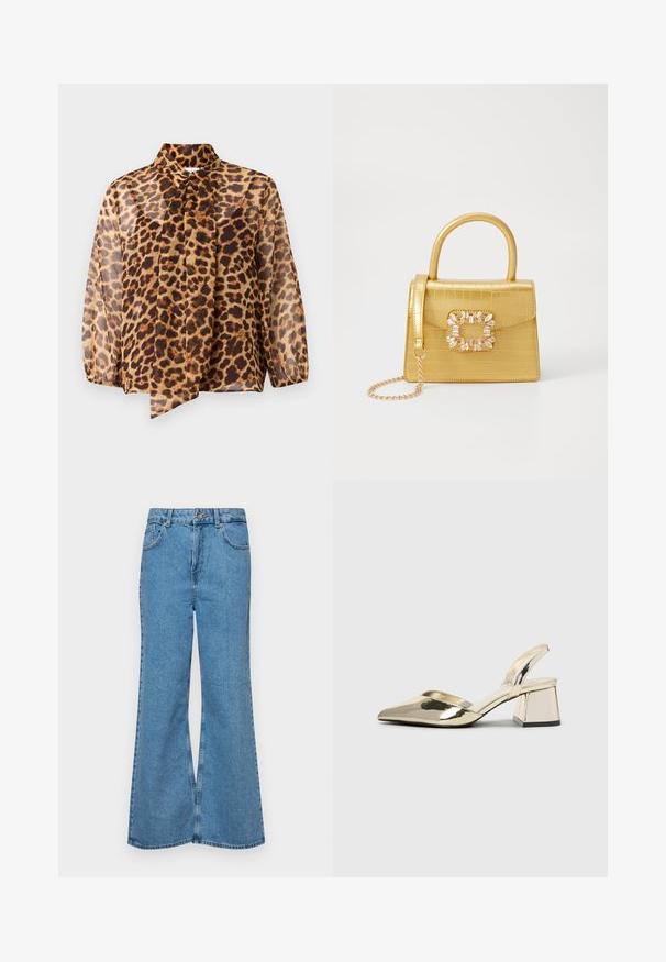 Áttetsző, hosszú ujjú blúz leopárdmintával, megkötős részlettel. Lazán illeszkedő fazon, puha, könnyű anyagban, bézs és barna árnyalatokban.; Világoskék, trapézszárú farmernadrág, magas derékkal, öt zsebbel és egy gombos záródással. Puha tapintású, magasított effektusú anyag.; Arany, fémből készült slingback sarkú cipők hegyes orral és vastag sarokkal. Simaság, minimalista design és keskeny pánt jellemzi.; Sárga műbőr krokodil mintás kézitáska strukturált kialakítással, felső fogantyúval, leválasztható lánccal és díszes kristály díszítéssel a záron.