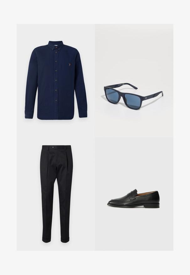 Camicia a maniche lunghe blu navy, realizzata in cotone, con colletto, bottoni marroni e un piccolo logo multicolore sul lato sinistro del petto.; Pantaloni neri realizzati in un tessuto liscio, con una piega sul davanti, chiusura con bottone e risvolti alla caviglia.; Mocassino in pelle nera con punta arrotondata, dettagli cuciti sottili e tacco basso, caratterizzato da una texture liscia e un design minimalista.; Occhiali da sole rettangolari blu con lenti scure, montatura opaca blu navy, dettaglio del logo sulla tempia, aste dritte e una texture solida e liscia.