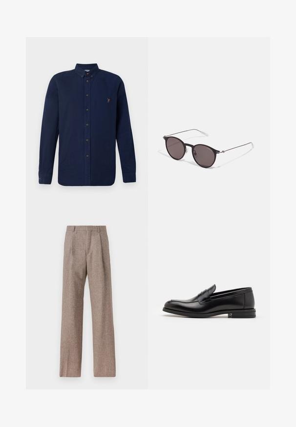Tamsiai mėlynas ilgomis rankovėmis mygtukų marškiniai, pagaminti iš medvilnės, su apykakle, rudos spalvos mygtukais ir maža daugiakampio logotipu kairėje krūtinės pusėje.; Rudos, aukšto liemens kelnes, pagamintas iš tekstūruotos medžiagos. Plati kojos, dvi priekinės klostės struktūrai. Tvarkingas apdailos darbai, be matomų detalių.; Juodos odinės loafers, turinčios lygų paviršių, apvalią noselę ir dekoratyvinę juostą per priekinę dalį. Žemas krentantis kulnas, minimalistinis dizainas.; Juodos apvalios saulės akinių su tamsiais lęšiais ir plonomis metalinėmis šakomis. Įtraukti skaidrūs šventyklų galai ir sidabriniai akcentai vyrio srityje. Minimalistinis dizainas.
