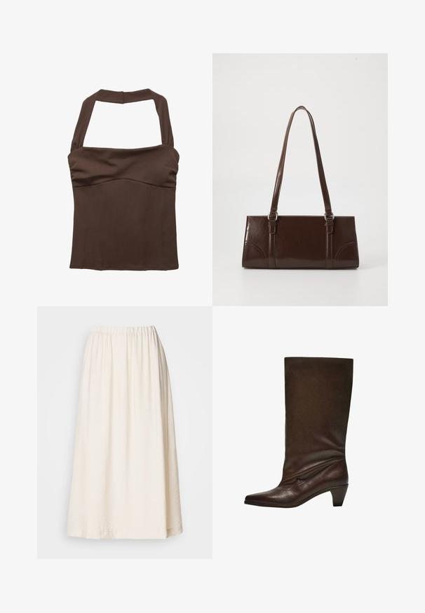 Barna nyakpántos felső, struktúrált szabással, a dekoltázson összegyűrt anyaggal és sima textúrával. Nincsenek látható minták vagy díszítések.; Hosszú, krémszínű szoknya rugalmas derékkal. Texturált anyagból készült, teljes sziluettje van és lágyan hullámzik.; Barna bőr bokacsizma, hegyes orral, laza kialakítással és megkönnyebbült sarkakkal. Simára kikészített felület, minta vagy egyéb hardver nélkül.; Barna lakkbőr kézitáska, téglalap alakú, két hosszú fogantyúval és finom ívelt díszítéssel az elején.