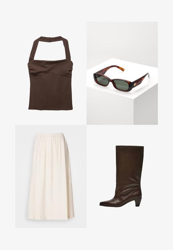 Brauner Halterneck-Top mit strukturiertem Schnitt, das an der Brust gerafftes Material und eine glatte Textur aufweist. Keine sichtbaren Muster oder Verzierungen.; Langer, cremefarbener Rock mit einem elastischen Bund. Hergestellt aus einem strukturierten Stoff, hat er eine volle Silhouette und fließt sanft.; Dunkelbraune Lederstiefel bis zur Mitte der Wade mit niedrigem Blockabsatz, spitzem Schuh sowie leicht schlaffem Schaft vor einem weißen Hintergrund.; Schildpatt rechteckige Sonnenbrille mit grünen Gläsern. Breiter Rahmen, glatte Oberfläche, goldene Akzente an der Seite und schlanke Bügel.