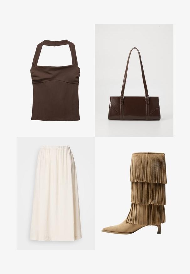 Top marrone con collo a halter e una vestibilità strutturata, caratterizzato da tessuto arricciato al busto e una superficie liscia. Nessun motivo visibile o decorazioni.; Gonna lunga di colore crema con un elastico in vita. Realizzata in un tessuto testurizzato, ha una silhouette ampia e scivola delicatamente.; Stivale alla caviglia in suede color ocra con tre strati di frange. Punta affusolata e tacco basso a blocco. Texture liscia su tutta la superficie.; Borsa in pelle verniciata marrone di forma rettangolare, con due manici lunghi e sottili accenti curvi sul davanti.