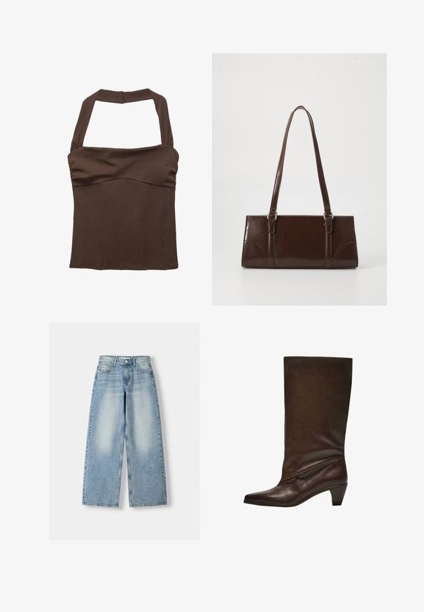 Brązowy top na hals, o dopasowanym kroju, z marszczonym materiałem na biuście i gładką teksturą. Bez widocznych wzorów czy ozdób.; Jasnoniebieskie dżinsy typu wide-leg z wysokim stanem, z lekko spranym wykończeniem, pięcioma kieszeniami i prostym krojem.; Ciemnobrązowy skórzany botek sięgający do połowy łydki z niskim, zwartego obcasem, spiczastym noskiem i lekko opadającą cholewką na białym tle.; Brązowa torebka z lakierowanej skóry o prostokątnym kształcie, z dwiema długimi rączkami i subtelnymi zaokrągleniami z przodu.
