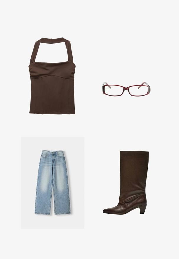 Brauner Halterneck-Top mit strukturiertem Schnitt, das an der Brust gerafftes Material und eine glatte Textur aufweist. Keine sichtbaren Muster oder Verzierungen.; Helle blaue, weit geschnittene Jeans mit hoher Taille, mit einem verwaschenen Finish, fünf Taschen und geradem Schnitt.; Dunkelbraune Lederstiefel bis zur Mitte der Wade mit niedrigem Blockabsatz, spitzem Schuh sowie leicht schlaffem Schaft vor einem weißen Hintergrund.; Rote rechteckige Brille mit schlankem Design. Klare Gläser, leicht durchsichtige Bügel und ein Verlaufseffekt von Rot zu Grau.
