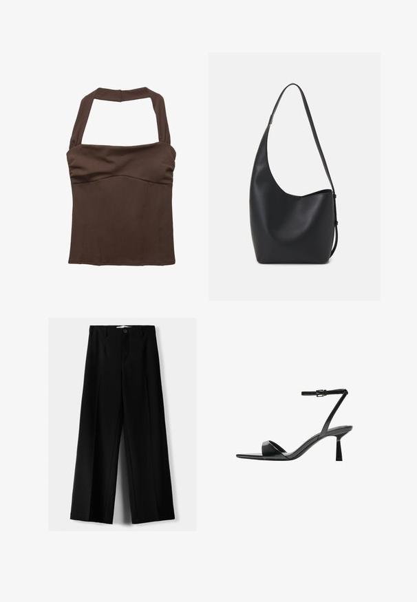 Brauner Halterneck-Top mit strukturiertem Schnitt, das an der Brust gerafftes Material und eine glatte Textur aufweist. Keine sichtbaren Muster oder Verzierungen.; Schwarze weite Hosen aus leichtem Stoff, mit einem Knopfverschluss vorne und flachem Bund, mit sorgfältig genähten Säumen.; Bershka High Heel Sandalette - black; Schwarze Leder-Hobo-Tasche mit einer glatten Textur, geschwungener Form und einem einzelnen verstellbaren Tragegurt; verfügt über eine weite Öffnung am oberen Ende.