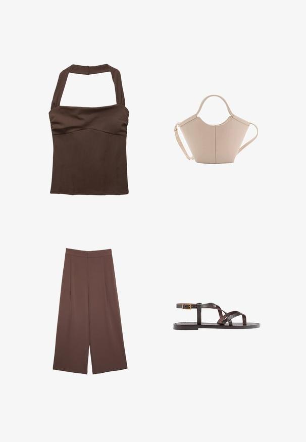 Ruskea naruolkaimen toppi, jossa on jämäkkä malli, ja rypytetty kangas rintojen kohdalla sekä sileä pinta. Ei näkyviä kuvioita tai koristeluja.; Ruskeat leveälahkeiset housut, joissa on sileä pinta, korkea vyötärö ja etupleat. Kangas on kevyttä ja laskeutuu väljänä.; Ruske kožne sandale s križnim trakama, zatvaranjem na kopču oko gležnja i ravnim potplatom s minimalnim detaljima šivanja.; Vaaleanbeige nahkainen käsilaukku, jossa on ainutlaatuinen muoto, varustettuna kahdella lyhyellä kahvalla ja yhdellä pitkällä säädettävällä hihnalla. Sujuva pinta ja vähän metalliosia.