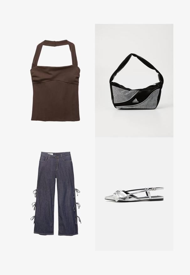 Brown halter neck top with a structured fit, featuring gathered fabric at the bust and a smooth texture. No visible patterns or embellishments.; Denim wide-leg pants in dark blue with side ties and a button closure. Features front pockets and a relaxed silhouette.; Silver metallic slingback flats with a pointed toe, featuring a knot detail on the front and an adjustable strap for secure fit.; Black and silver adidas handbag with a smooth texture, featuring a shiny studded pattern and a distinctive curved design.
