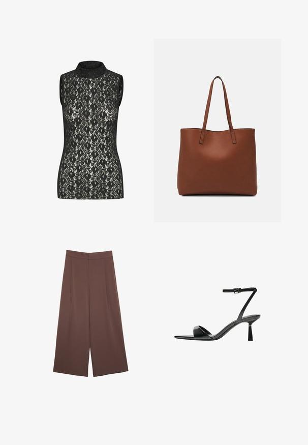 Zwarte kant top zonder mouwen met een hoge nek, voorzien van een ingewikkeld bloemenpatroon en een aansluitende snit. Lichte glans zichtbaar op de stof.; Bruine wijde broek met een gladde textuur, voorzien van een hoge taille en plooien aan de voorkant. De stof is lichtgewicht en valt losjes.; Bershka Sandalen met hoge hak - black; Bruine leren tote bag met een gladde textuur, een ontwerp met een open bovenkant en twee schouderbanden. Kenmerkt zich door minimale stiksels en geen zichtbare hardware.