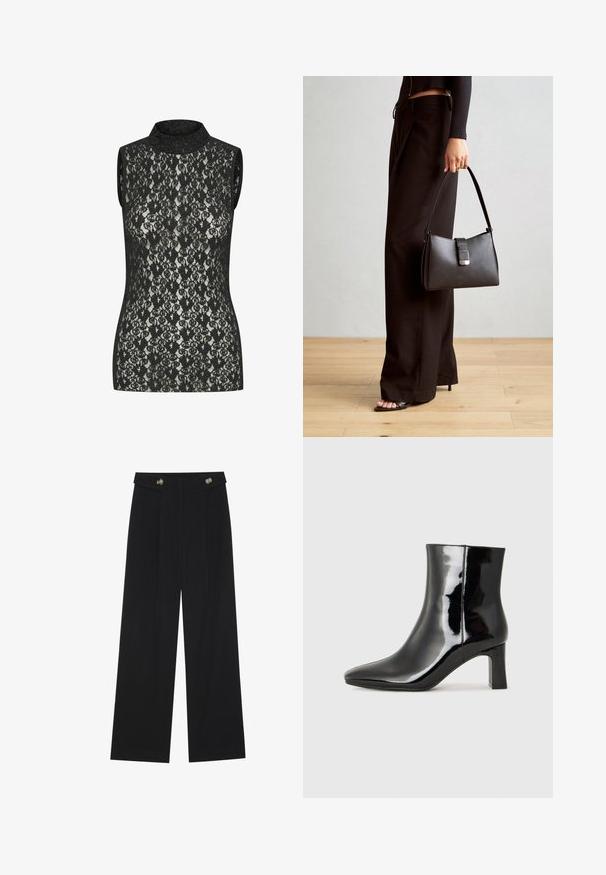 Black lace sleeveless top with a high neck, featuring an intricate floral pattern and a close-fitting design. Light sheen visible on fabric.; Black wide-leg trousers with high waist, button details on waistband, and front pleats.; Black patent leather ankle boot with a pointed toe and a mid-height block heel. Smooth texture and minimalist design.; Black handbag with structured shape, smooth texture, and a metallic clasp. Paired with wide black pants and open-toe sandals on wooden floor.