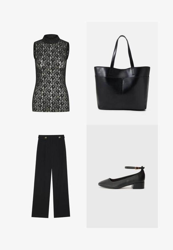 Musthave musta pitsita särk kõrge kaelusega, millel on keerukas lillemuster ja lähedane istuvus. Kangas on kerge läikega.; Mustad laiad püksid kõrge vöökoha ja nööpdetailidega vööandil, esikortsudega.; Must mustaapp, millel on terav nina ja madal blokk-kand. Omab pahkluu rihma koos kuldse tooni pandlaga. Sile tekstuur.; Must mustaga musta nahast, millel on kaks pikka kanda, sile tekstuur ja struktureeritud kuju. Esipoolsel on lisakoti jaoks tasku.